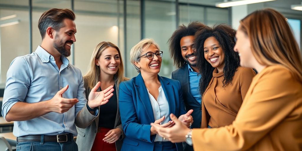 Diverse professionals collaborating in a modern office setting.