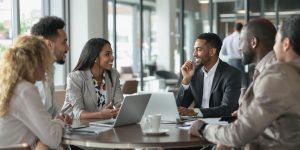 Business meeting discussing franchise opportunities in a modern office.