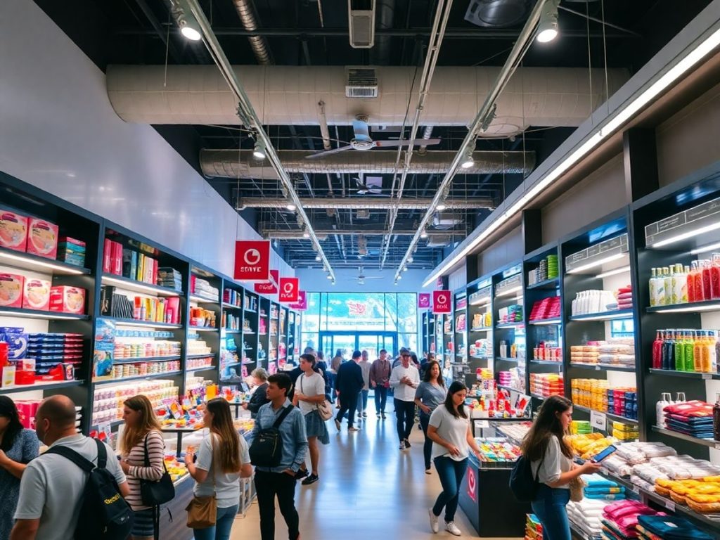 Spațiu de retail modern plin de clienți și produse diverse.