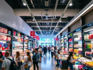 Spațiu de retail modern plin de clienți și produse diverse.