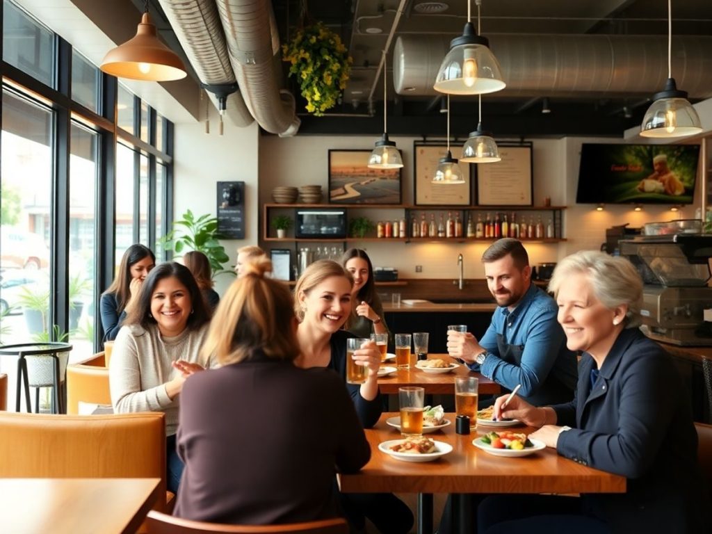 Cafenea aglomerată cu clienți fericiți și decor primitor.