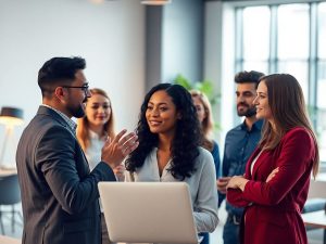 Oameni de afaceri mulțumiți într-un birou modern și luminos.