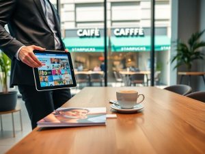 Doi profesioniști discută strategie de marketing lângă vitrina unei cafenele