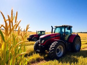 Câmpuri agricole verzi cu tractoare moderne.