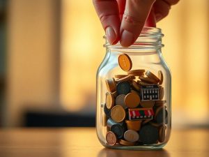 O mână pune o monedă într-un borcan plin cu francize.