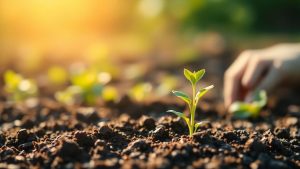 Răsad verde în pământ, pe fundal natural.