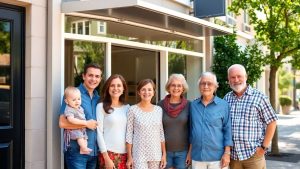 Familie fericită în fața unei mici afaceri moderne