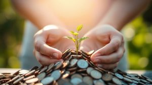 Mâini ținând o plantă crescând din monede.